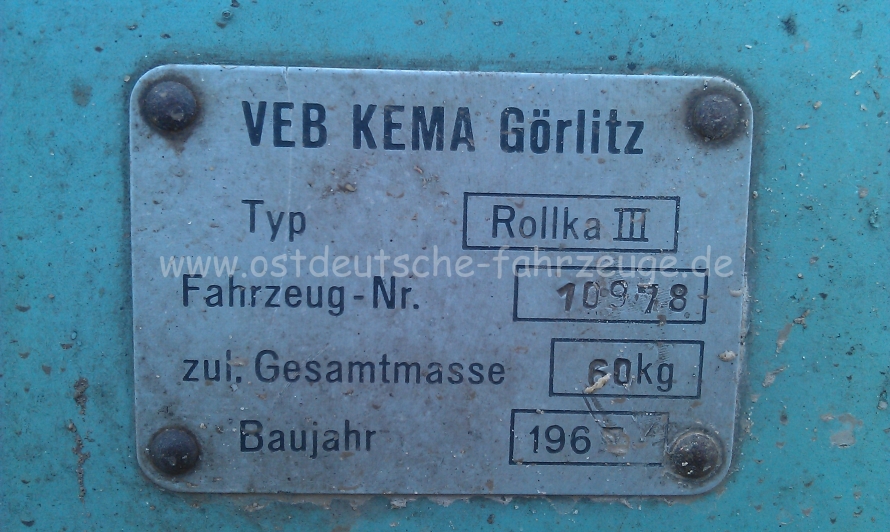Rollka III von VEB Kema Görlitz: das Typschild