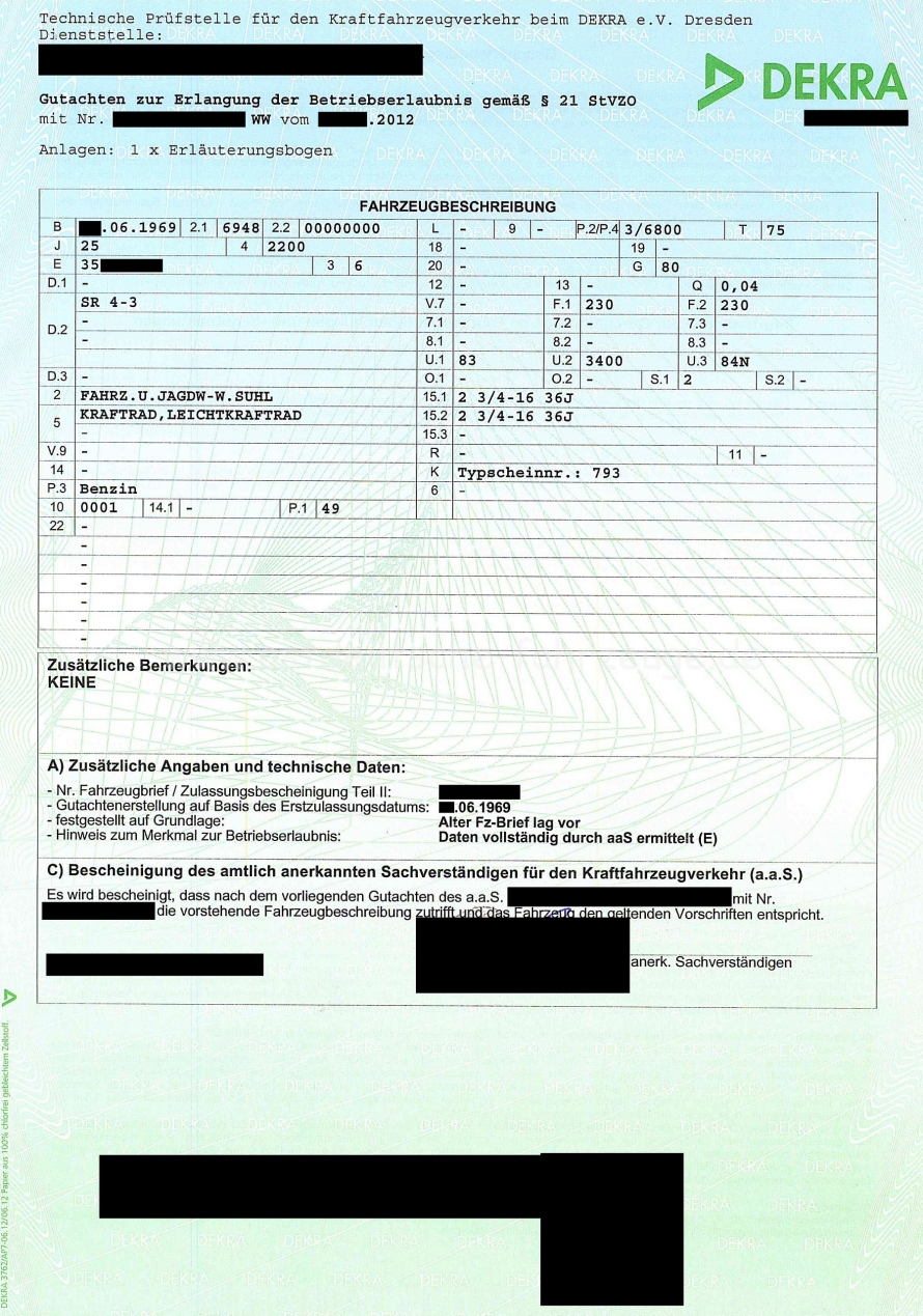 DEKRA Fahrzeugbeschreibung für Simson Sperber (SR4-3)