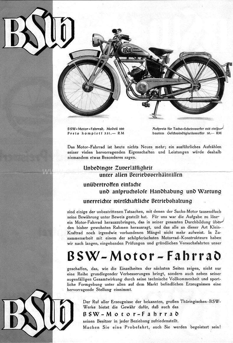 Prospekt BSW Motor-Fahrrad Modell 100 - Inlay 1
