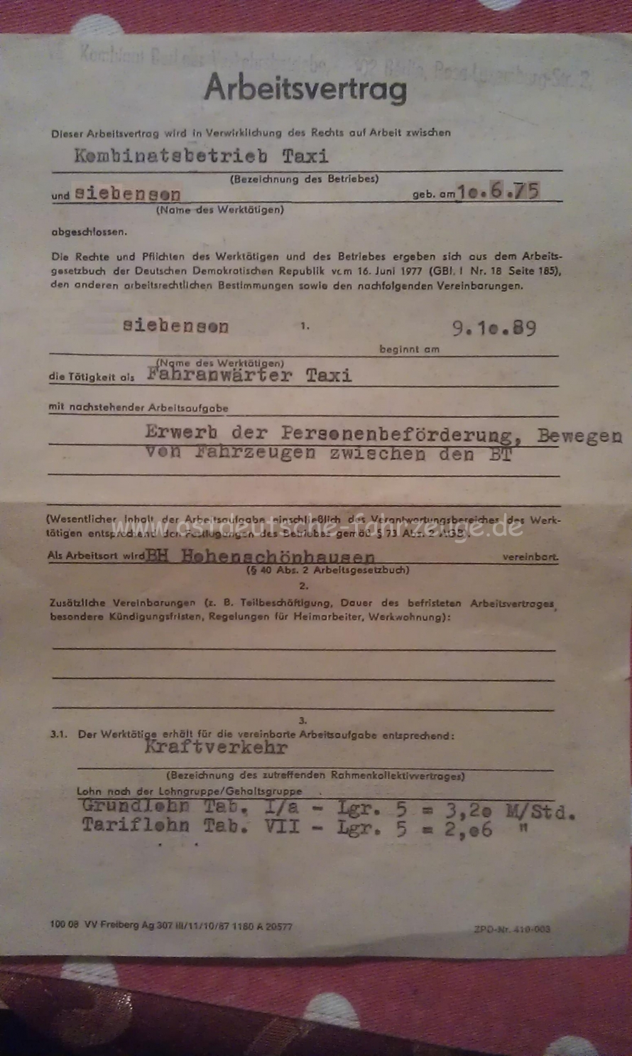 DDR-Arbeitsvertrag Seite 1